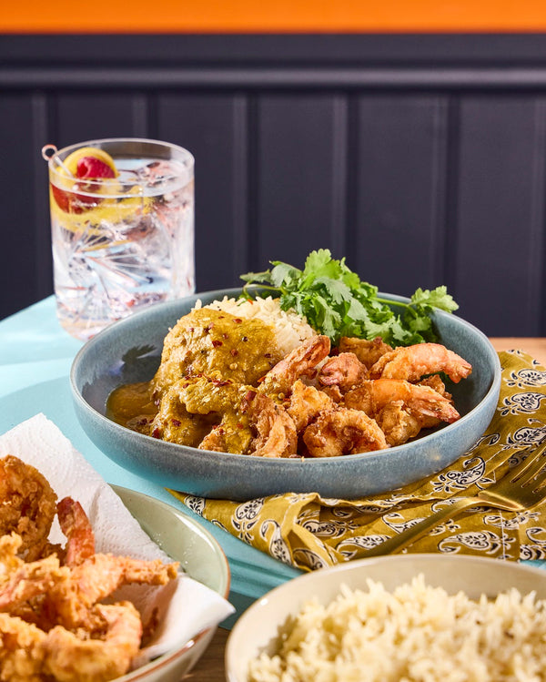 Crispy Masala Fried Prawns with Coconut Curry Sauce and Ghee Rice