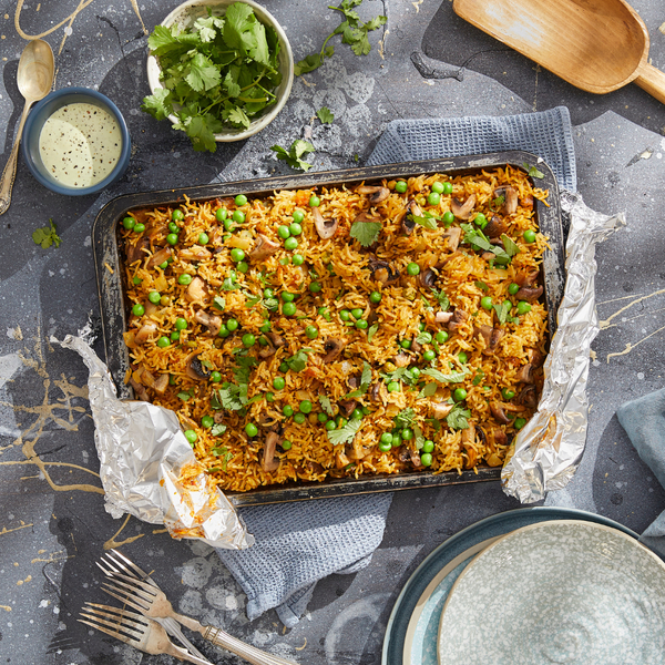 Mushroom and Peas Traybake