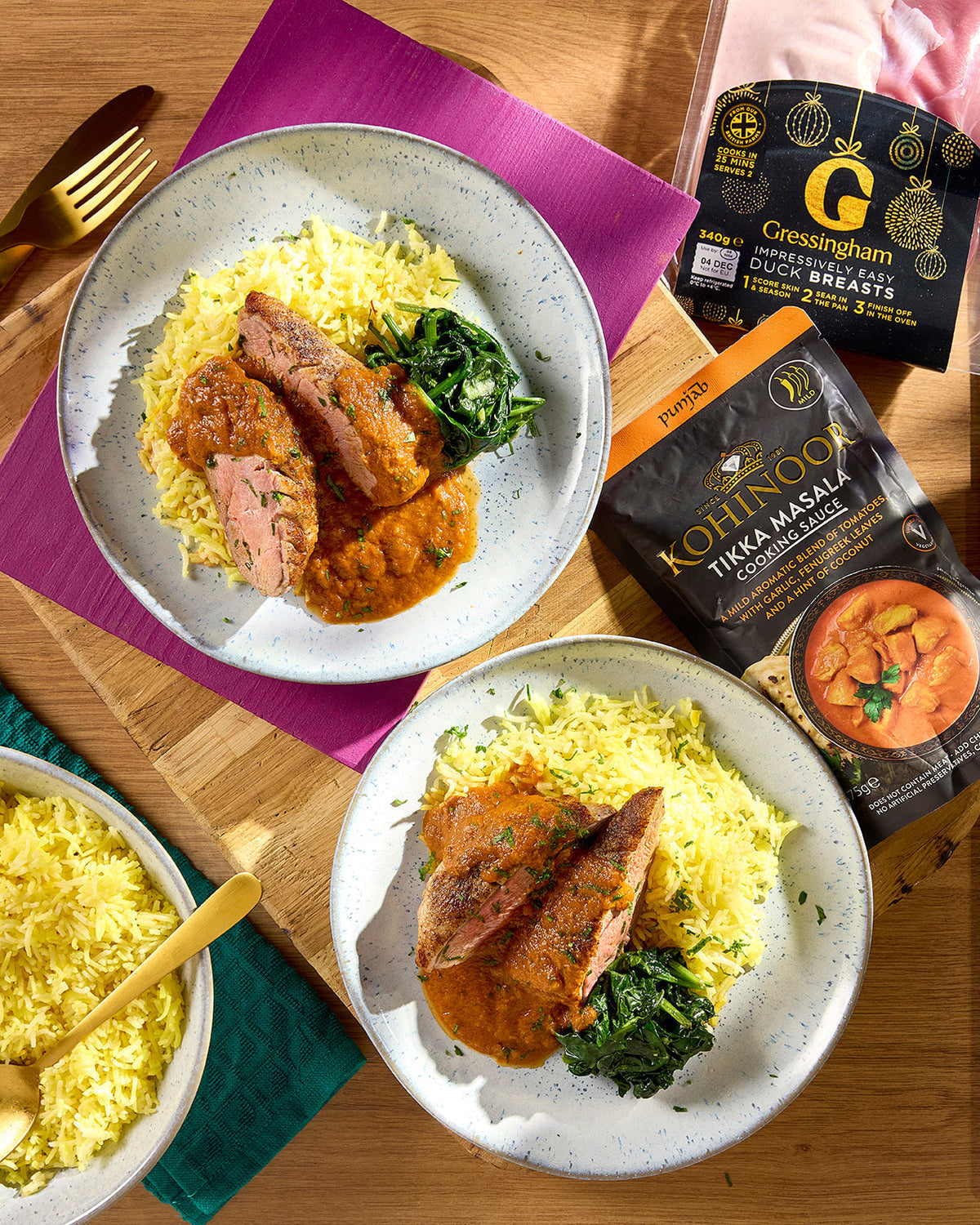 GRESSINGHAM DUCK BREAST WITH TIKKA MASALA SAUCE AND SAFFRON RICE